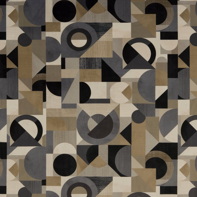 Geometric fabric swatch in taupe, charcoal and stone blocks with circles and stripes