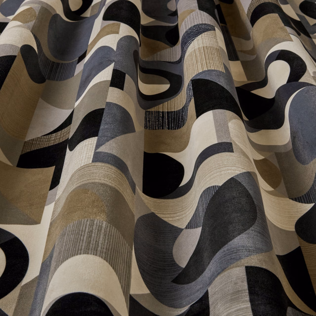 Large-scale wavy geometric fabric in taupe, grey and black