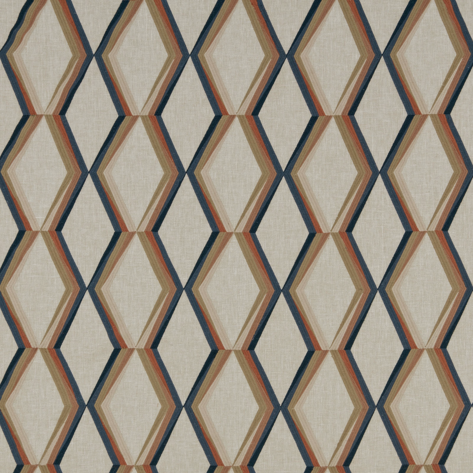 Cream geometric fabric with teal, rust and tan hexagon outlines