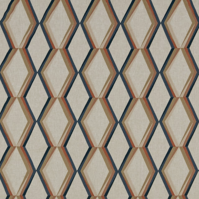 Cream geometric fabric with teal, rust and tan hexagon outlines