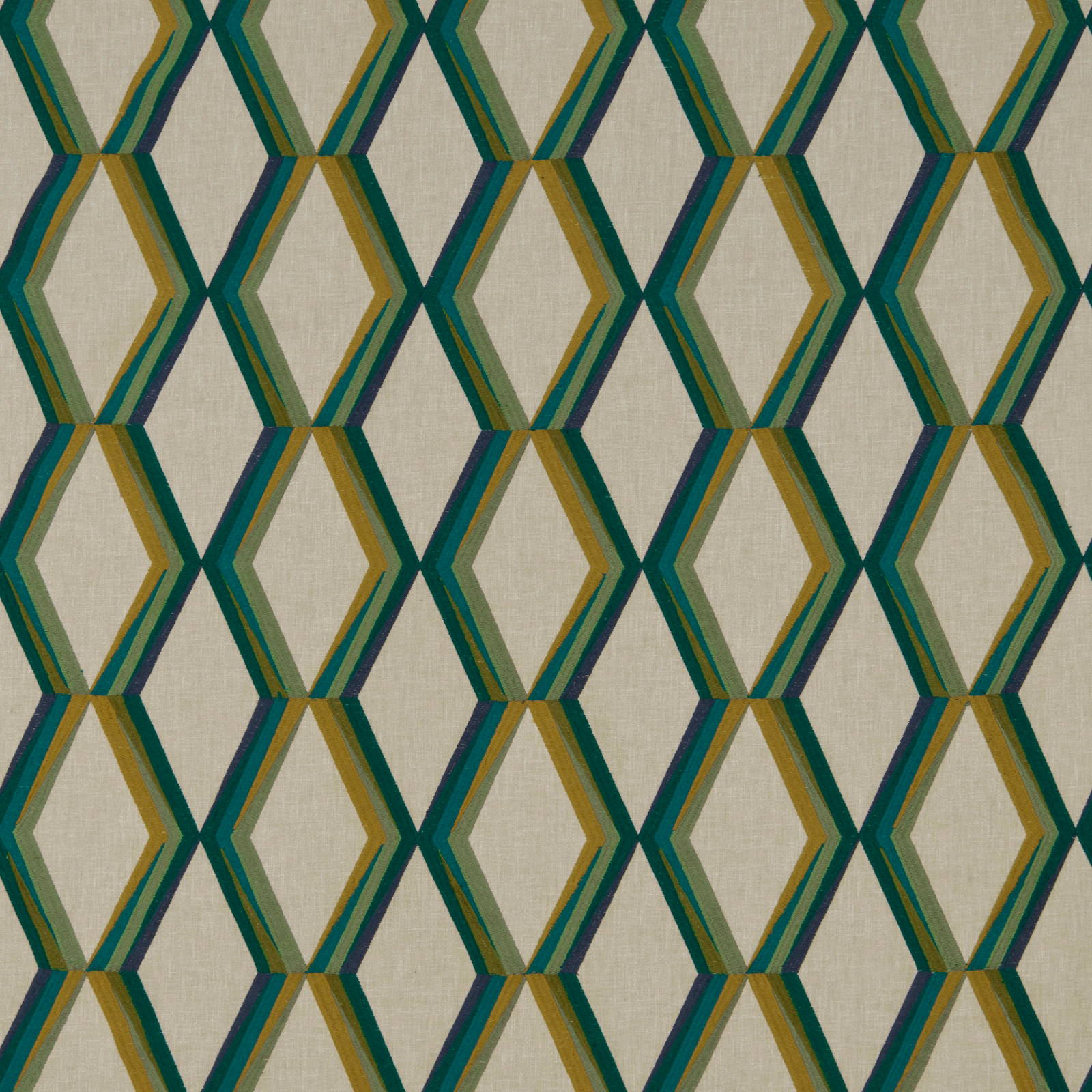 Jadeite geometric hexagon fabric with teal, green, mustard and plum outlines on a pale ground