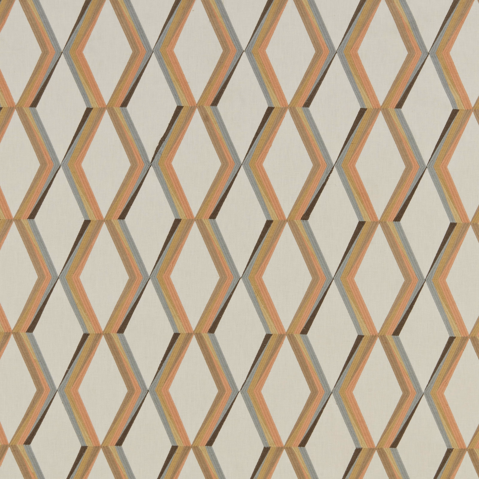 Cream geometric fabric with large diamond repeat and mandarin, grey and taupe stripes