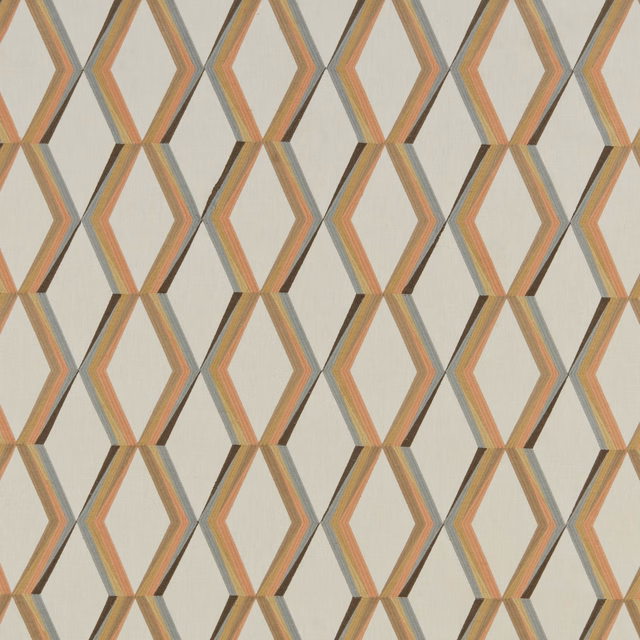 Cream geometric fabric with large diamond repeat and mandarin, grey and taupe stripes