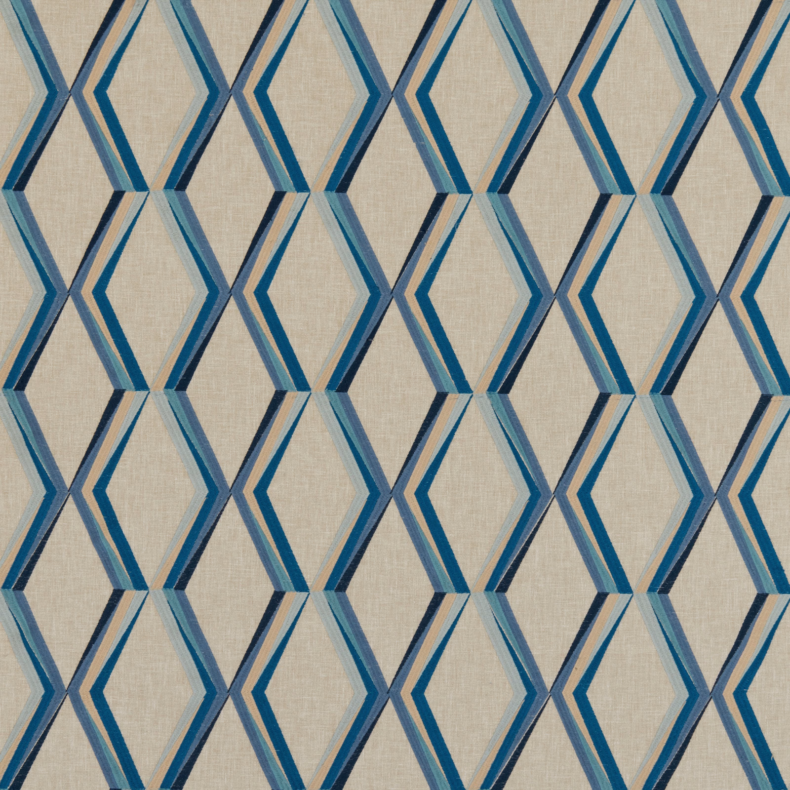 Large blue and teal geometric diamond pattern on a pale neutral woven ground