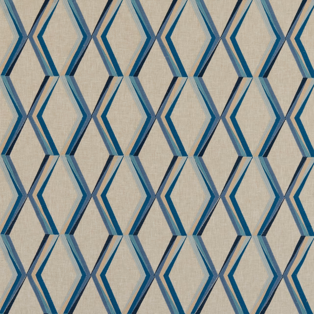 Large blue and teal geometric diamond pattern on a pale neutral woven ground