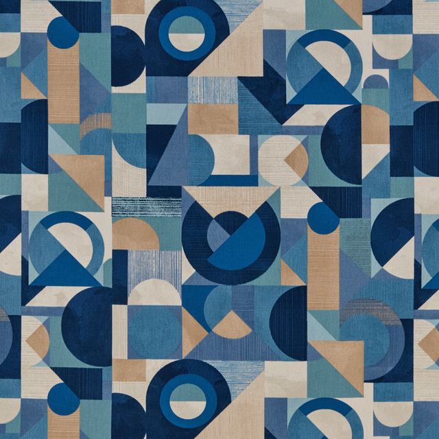 Large-scale blue geometric fabric with circles, blocks and textured bands