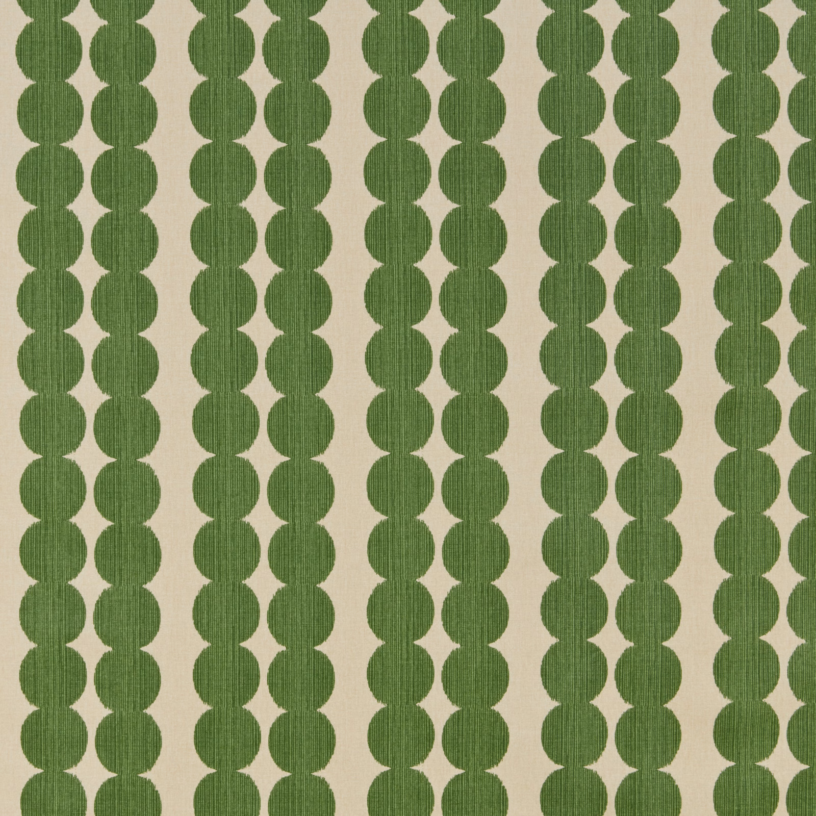 Emerald green geometric oval segments on a pale neutral woven ground