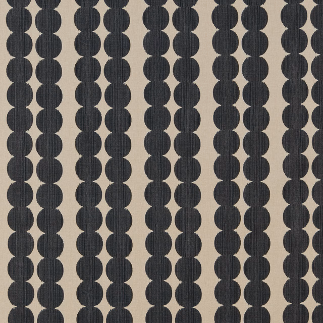 Charcoal-black geometric oval segments on a pale flax background with fine vertical texture