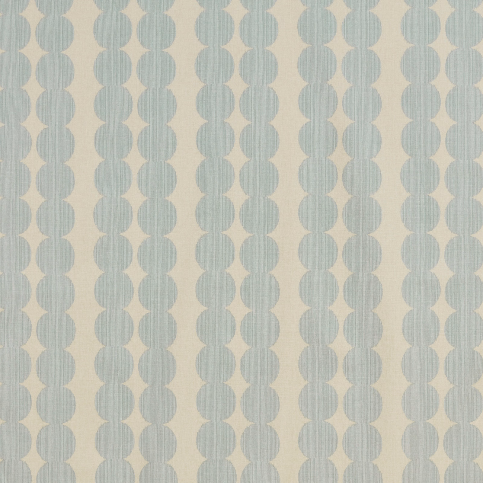Seafoam blue geometric oval-and-diamond fabric on a pale neutral ground