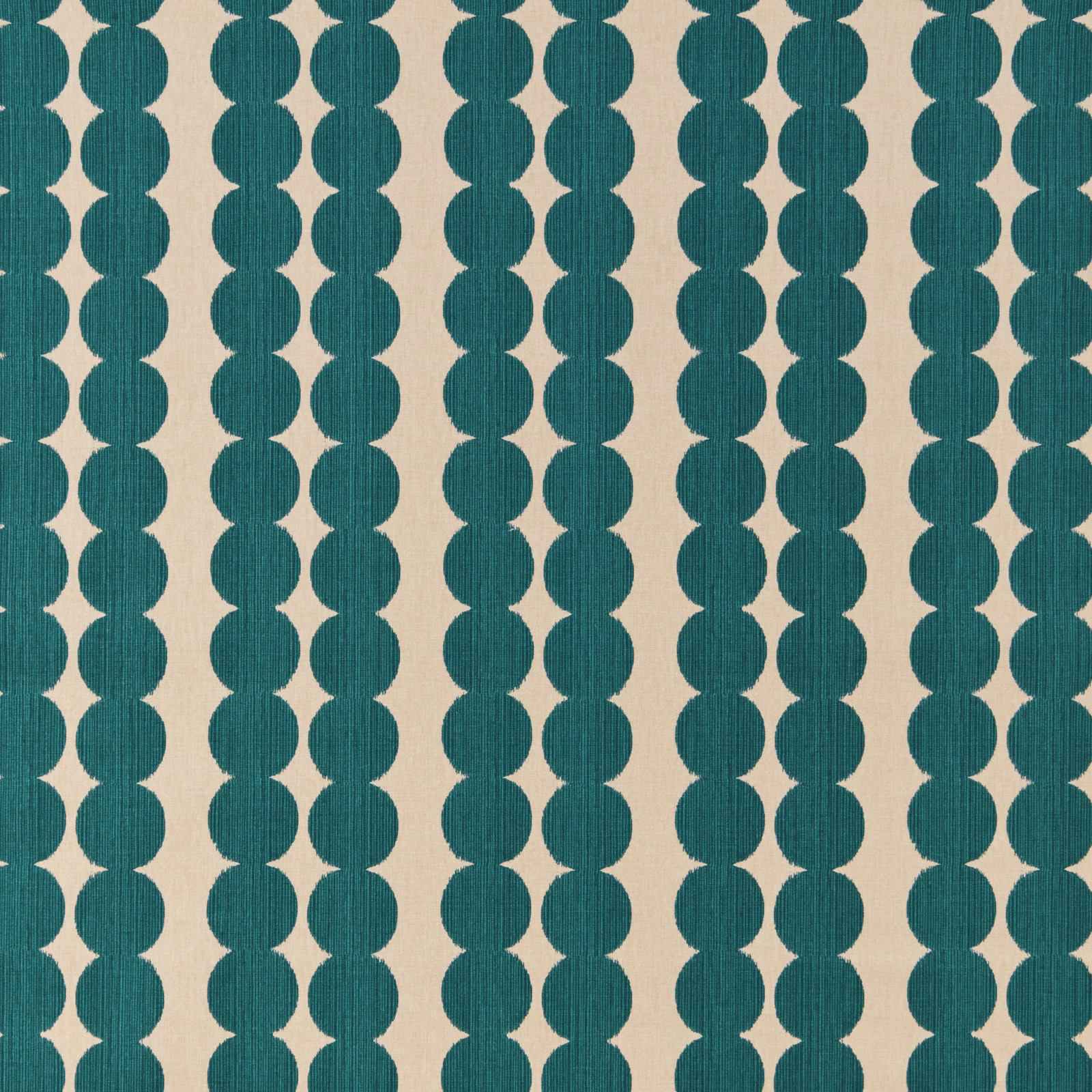 Teal geometric oval columns on a cream woven fabric swatch