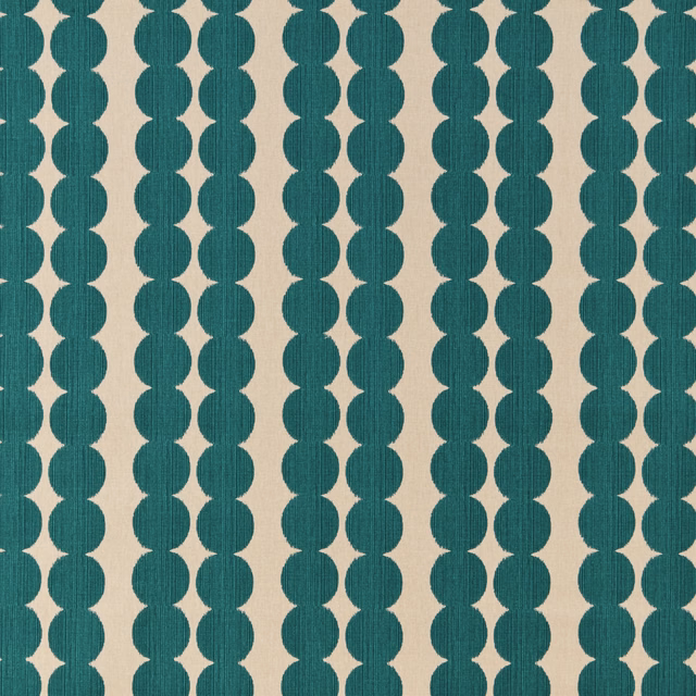 Teal geometric oval columns on a cream woven fabric swatch