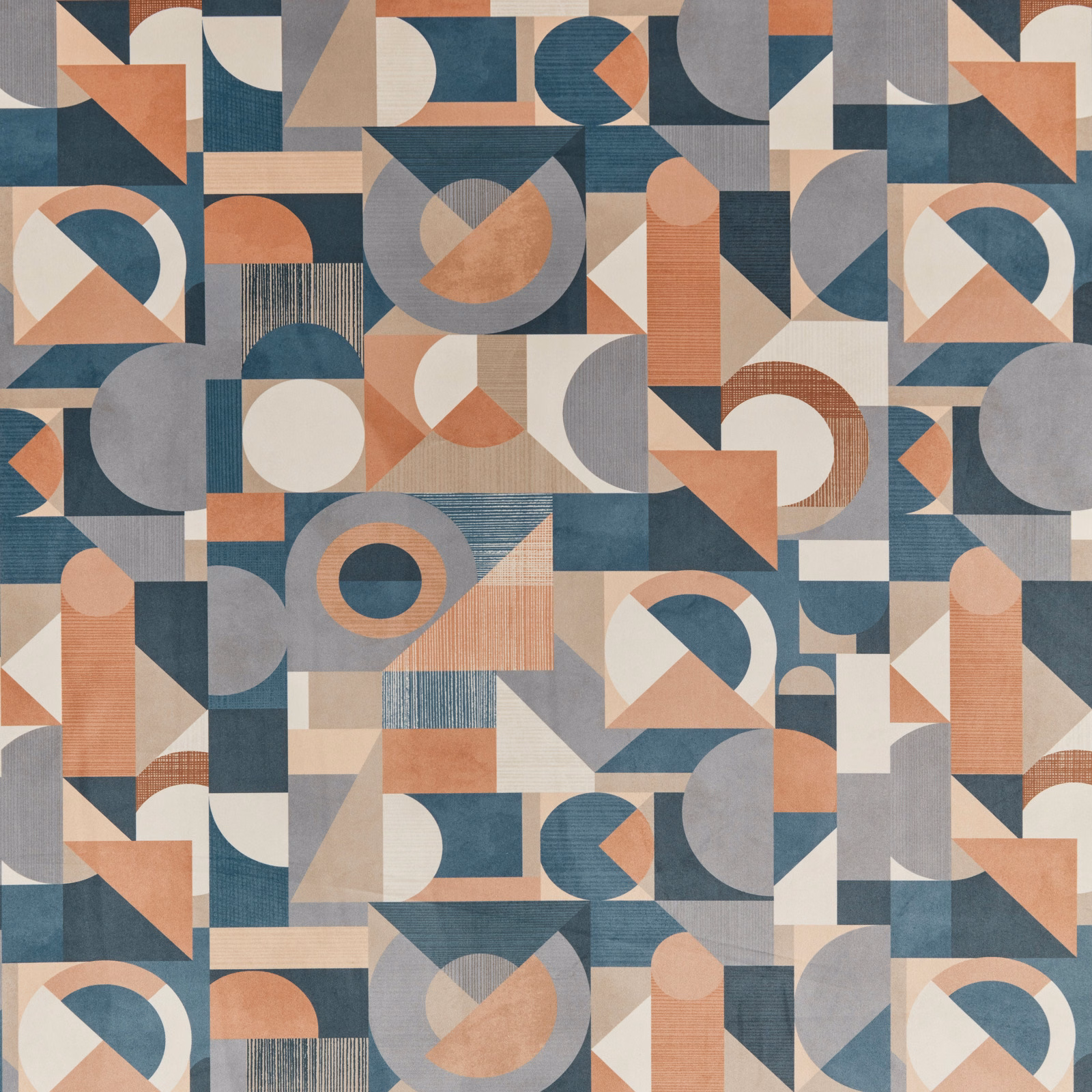 Geometric velvet swatch with coral, teal, grey and ivory blocks