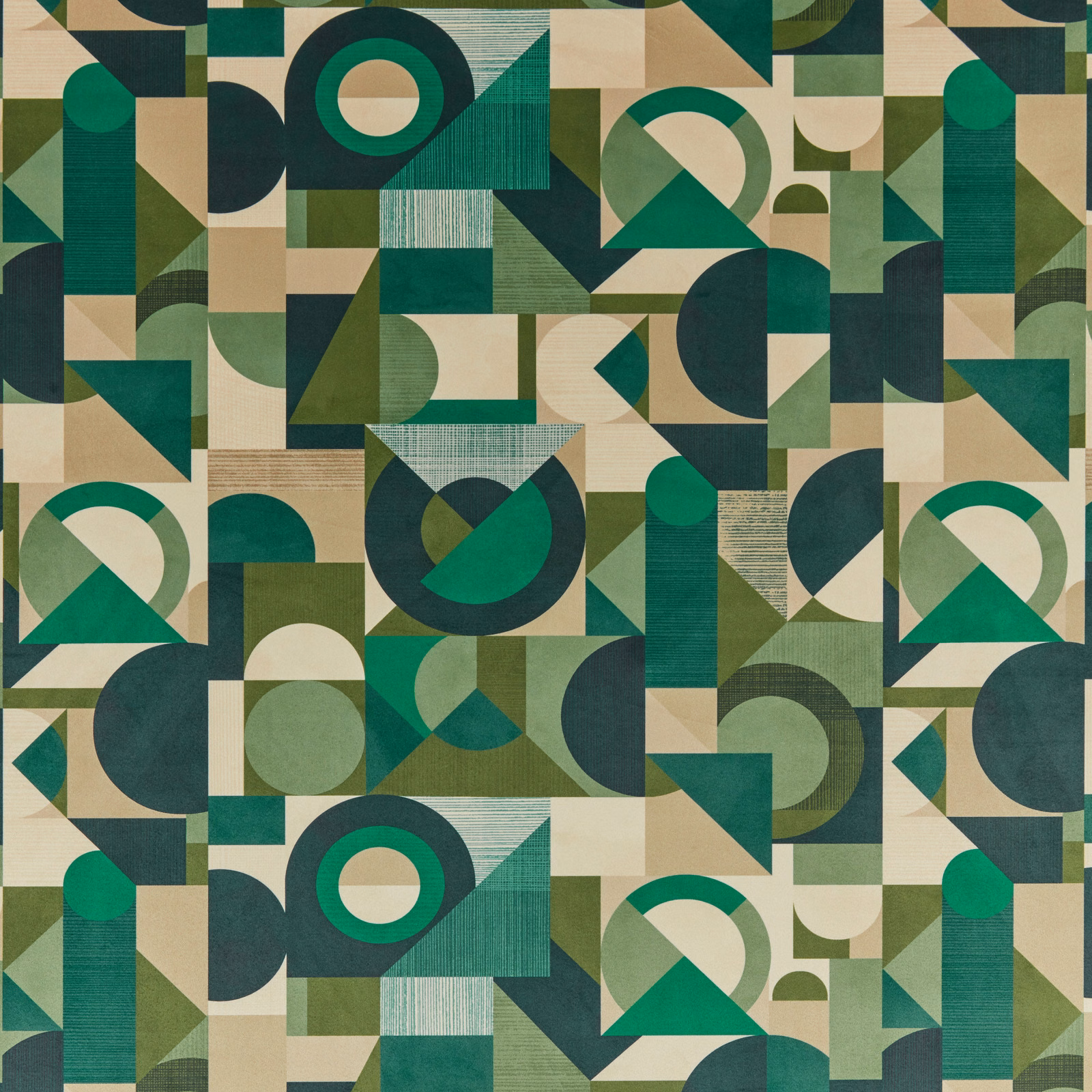 Geometric velvet fabric with jade, olive and teal blocks and circles