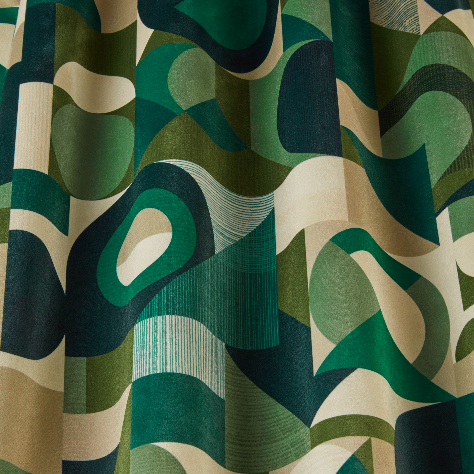 Abstract wavy velvet pattern in jade green, cream and deep teal