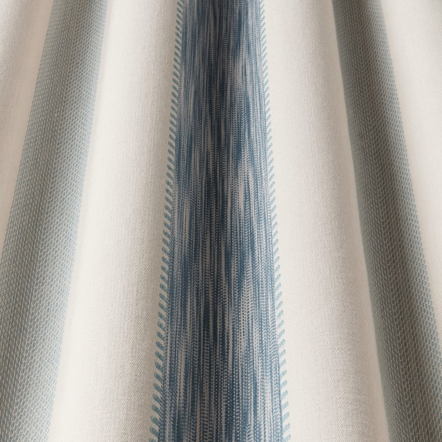 Vertical aqua and blue striped cotton fabric with fine woven texture