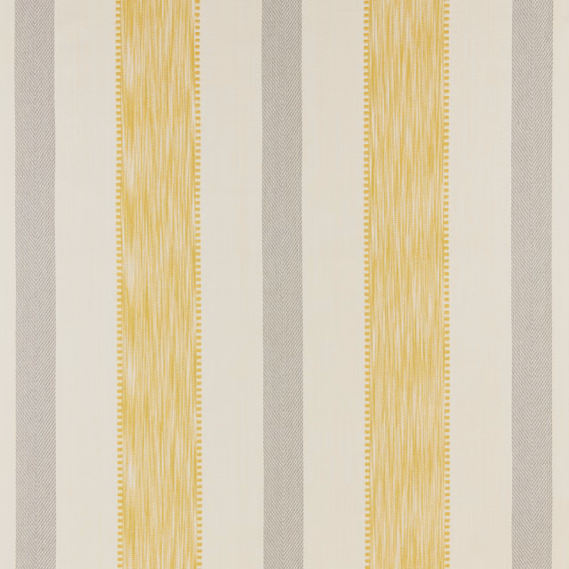 Vertical cream and soft yellow striped cotton fabric with fine grey bands
