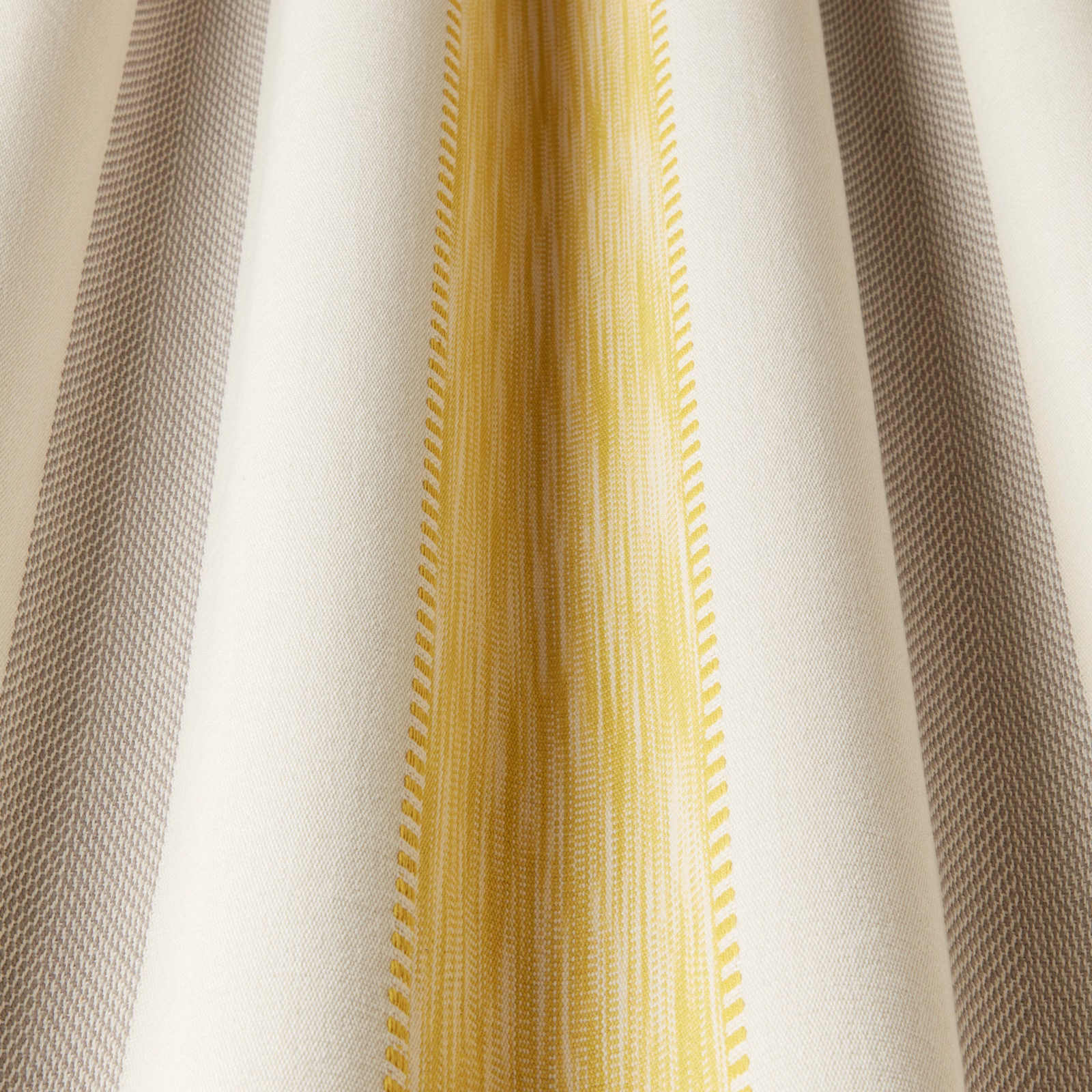 Vertical striped cotton fabric in cream, taupe and soft citrus yellow