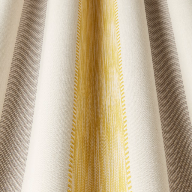 Vertical striped cotton fabric in cream, taupe and soft citrus yellow