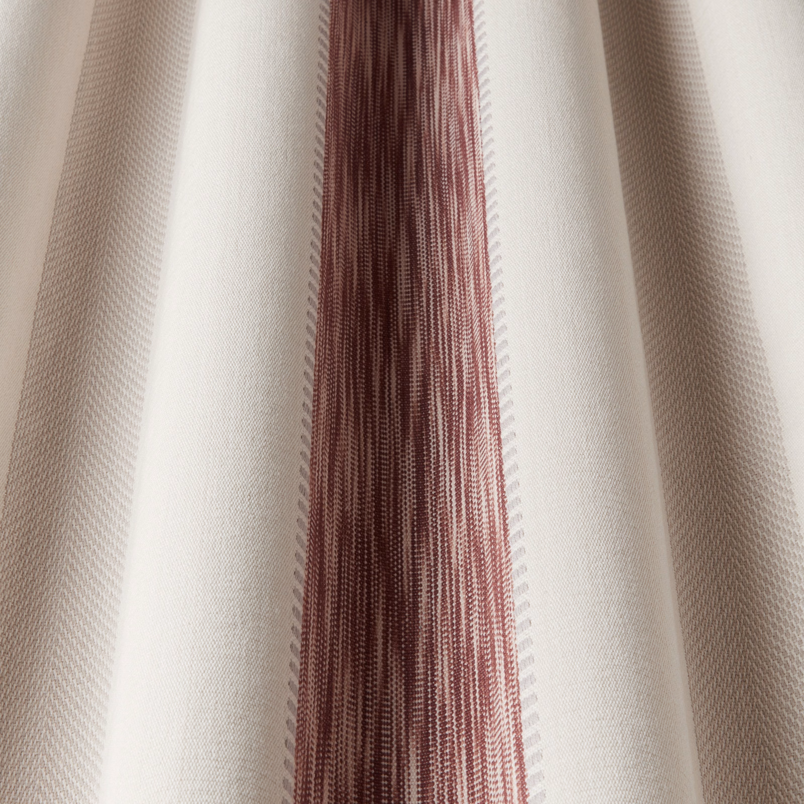 Vertical grape-red stripe fabric on a cream woven ground with soft texture