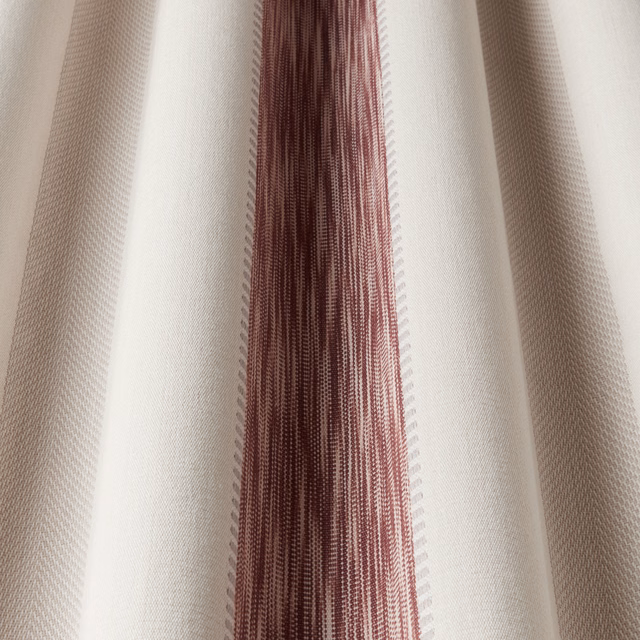Vertical grape-red stripe fabric on a cream woven ground with soft texture