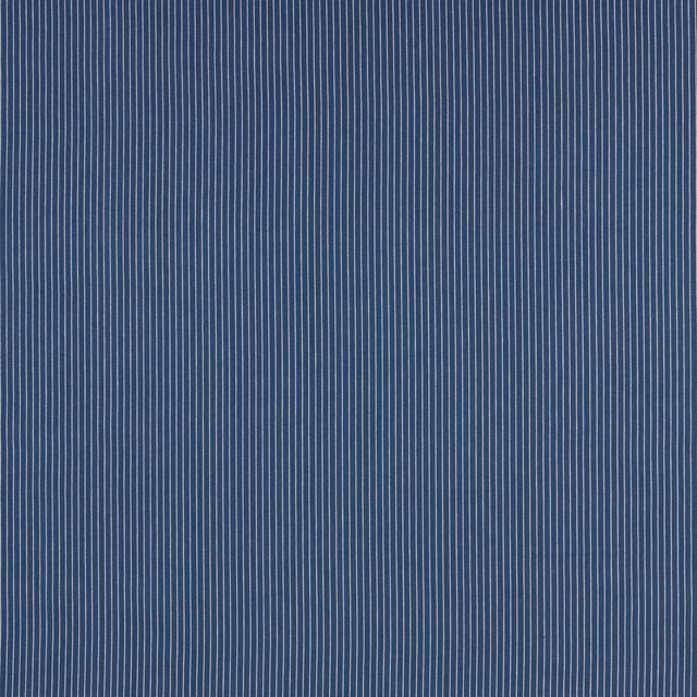 Deep blue cotton fabric with fine cream vertical pinstripes