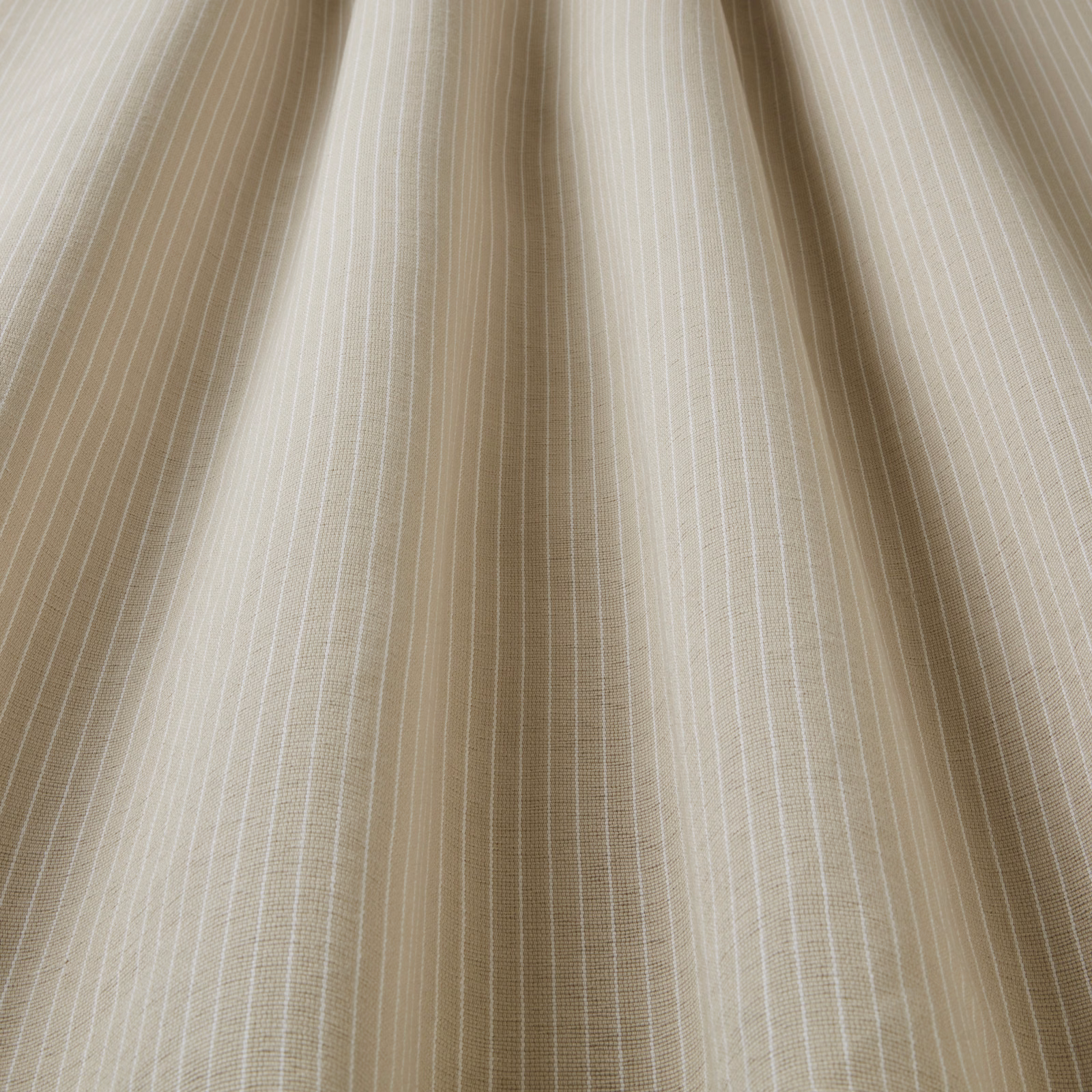 Stone beige cotton fabric with fine white vertical pinstripes and soft woven texture