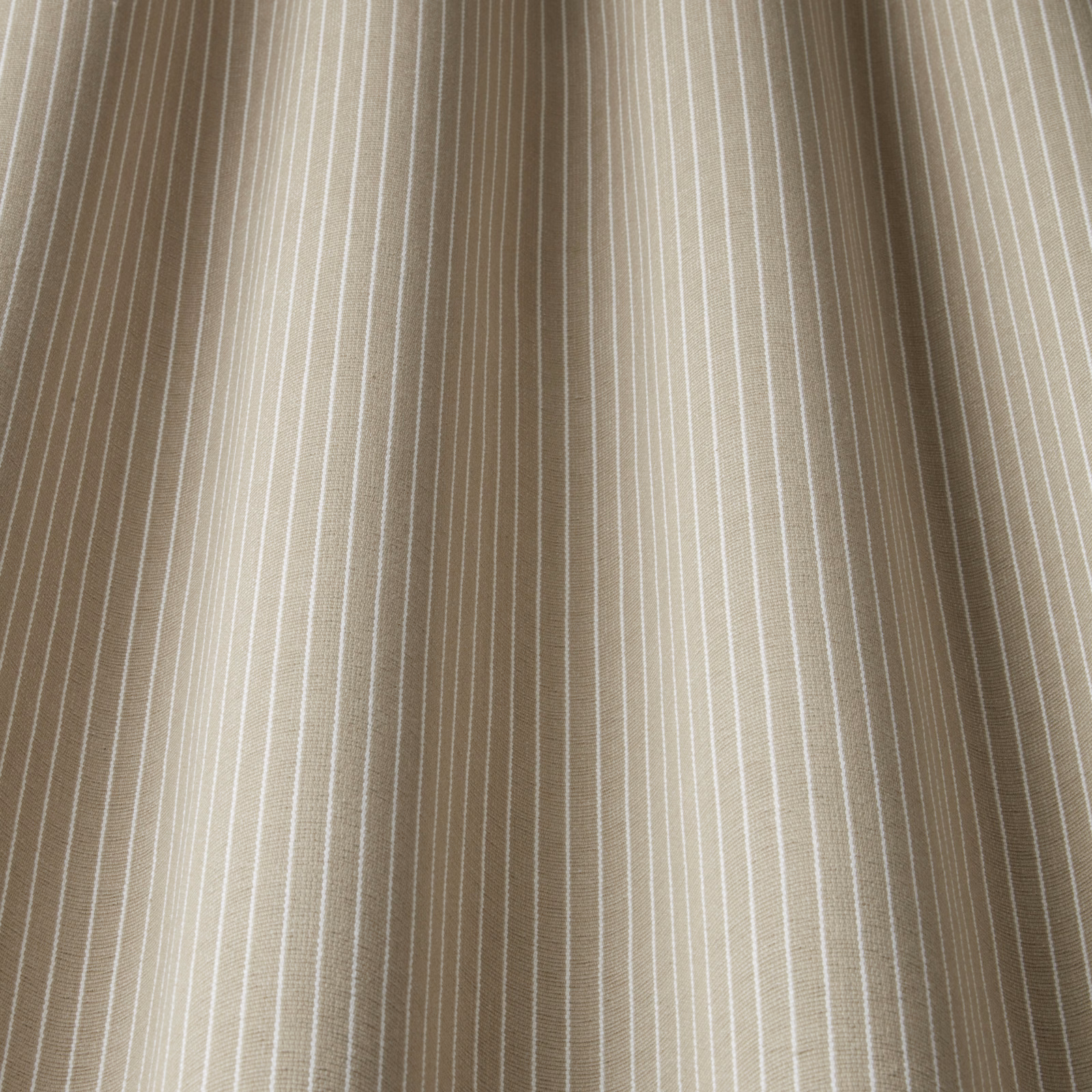 Warm taupe cotton stripe fabric with fine ivory vertical lines