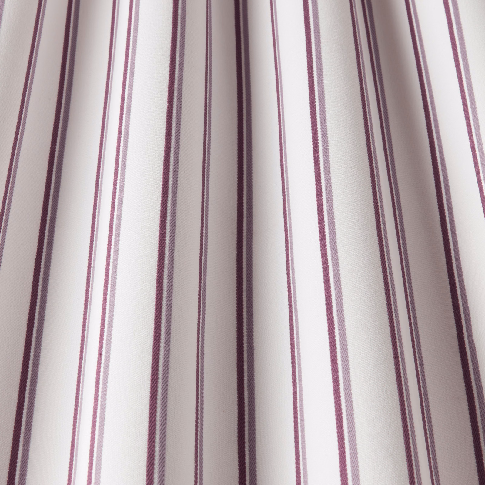 White cotton fabric with slim grape and mauve vertical stripes