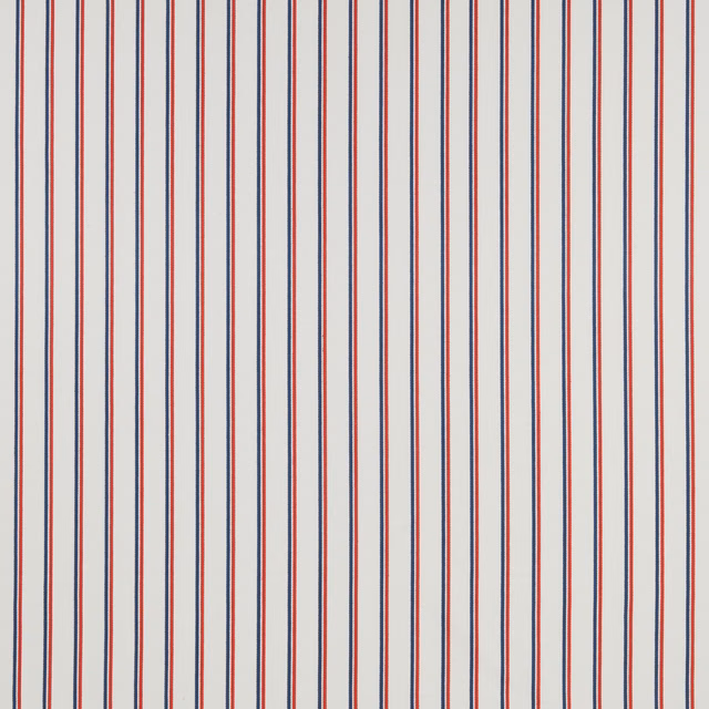 Cream cotton fabric with narrow navy and red vertical stripes