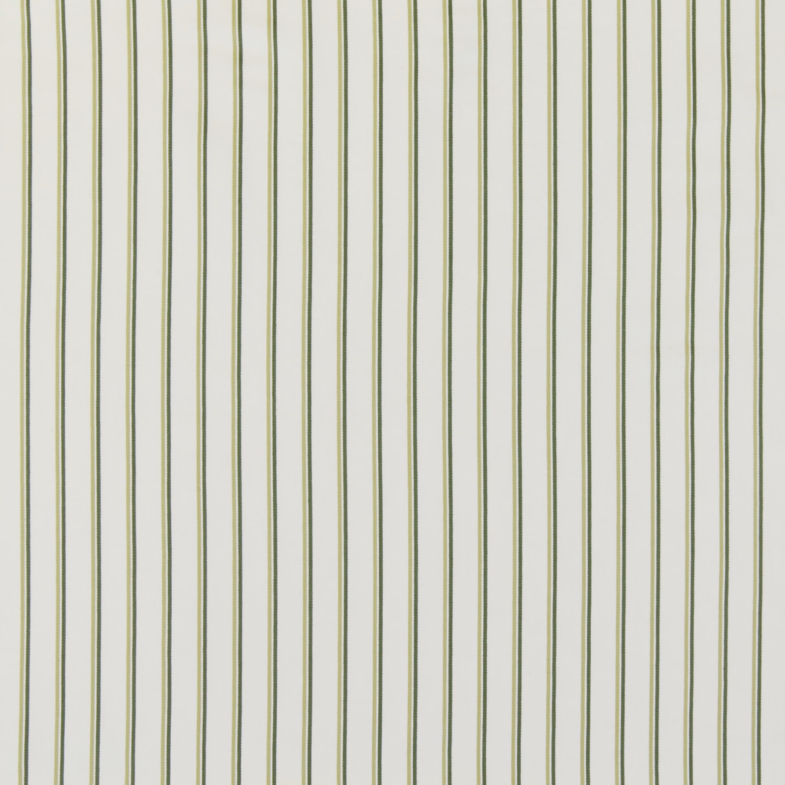 Vertical olive-green pinstripes on a pale cotton ground