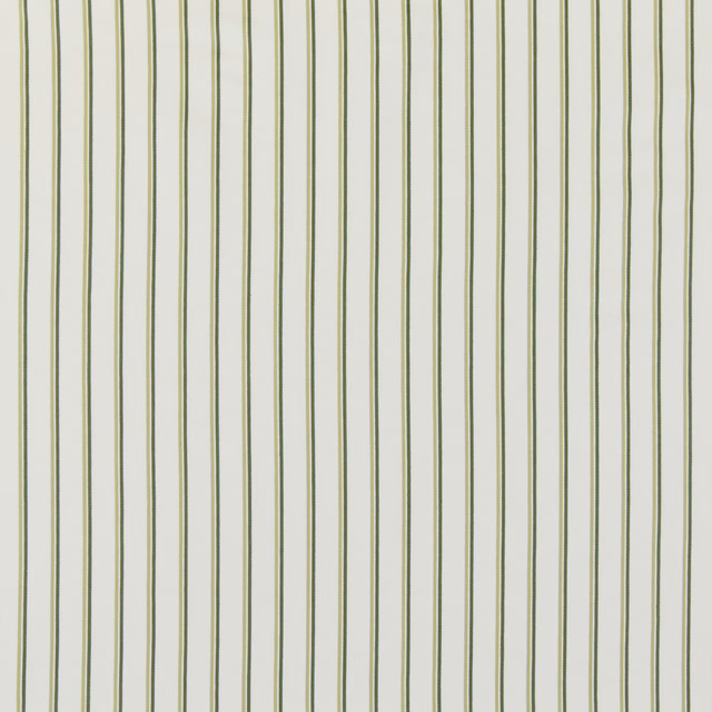 Vertical olive-green pinstripes on a pale cotton ground