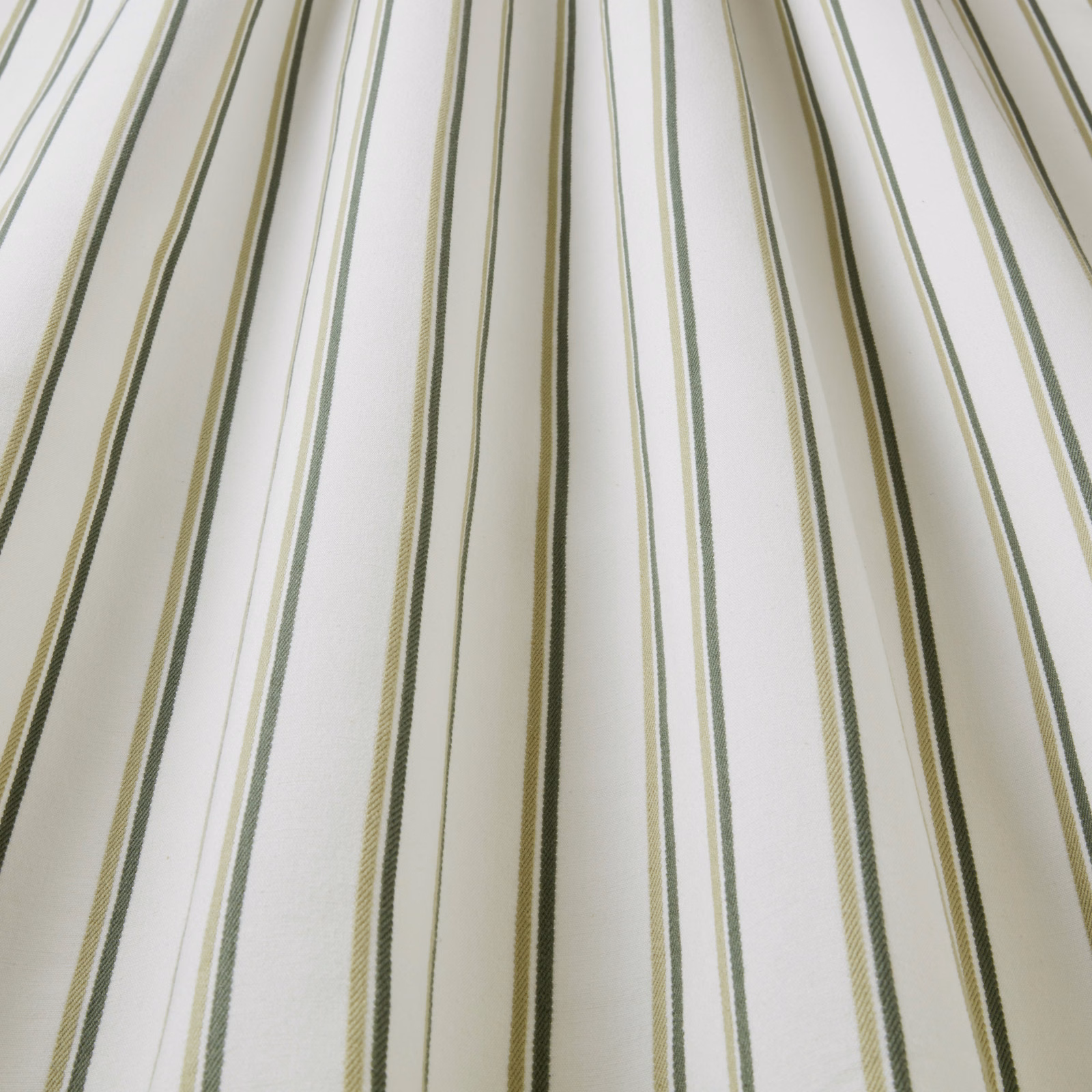 Olive green and pale striped cotton fabric with fine woven texture