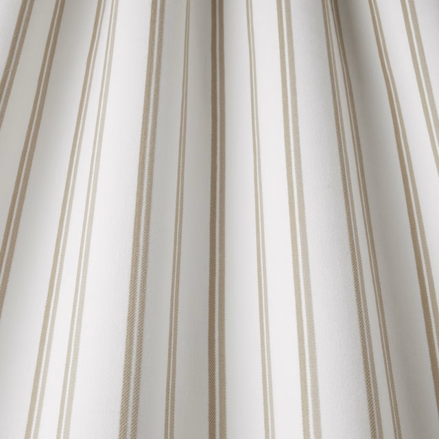Ivory cotton fabric with vertical stone-beige stripes and fine woven texture