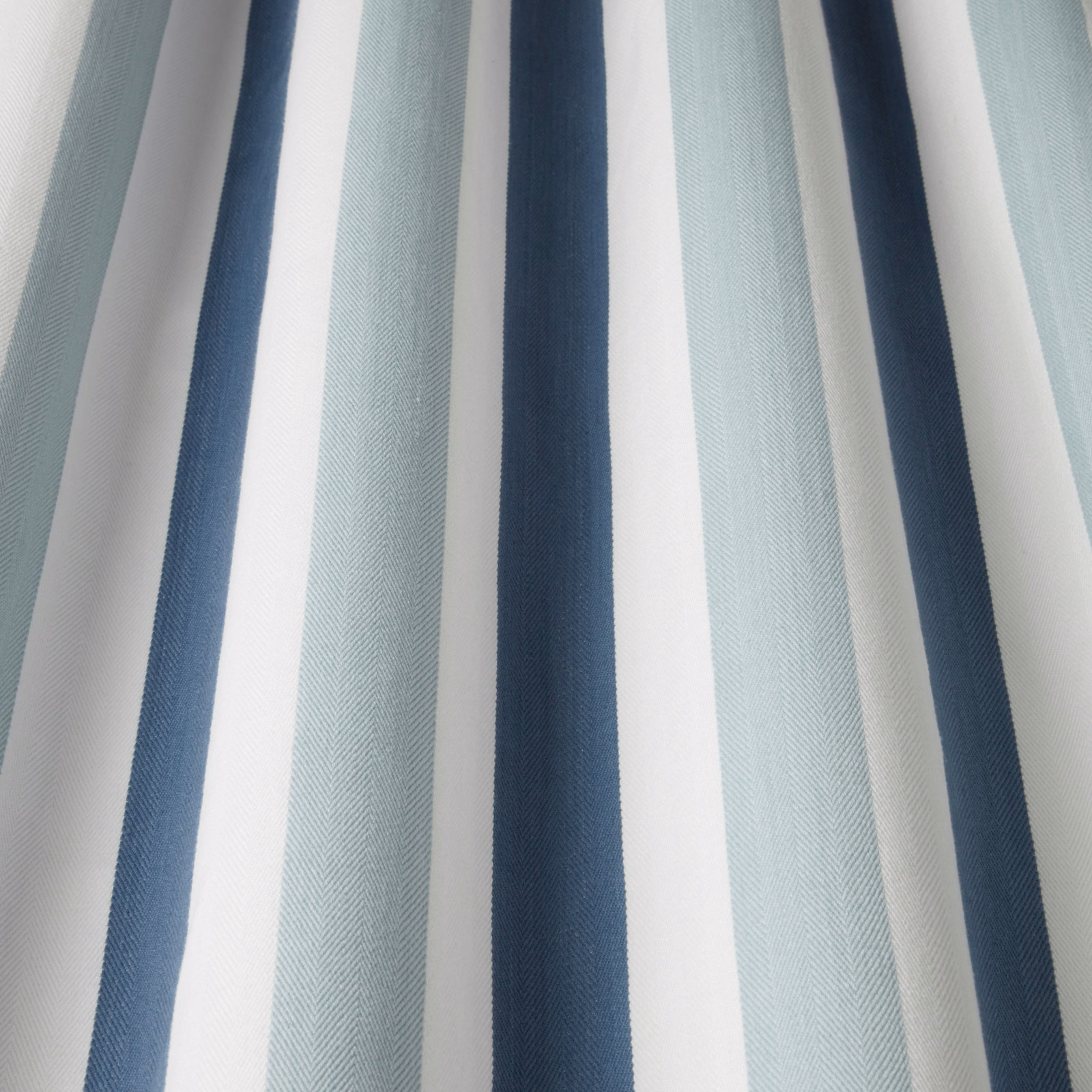 Vertical aqua, navy and white striped cotton fabric with subtle herringbone weave