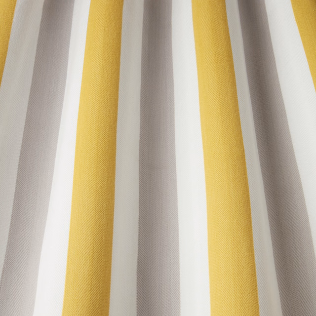 Vertical yellow, ivory and taupe-grey striped cotton fabric with fine herringbone weave