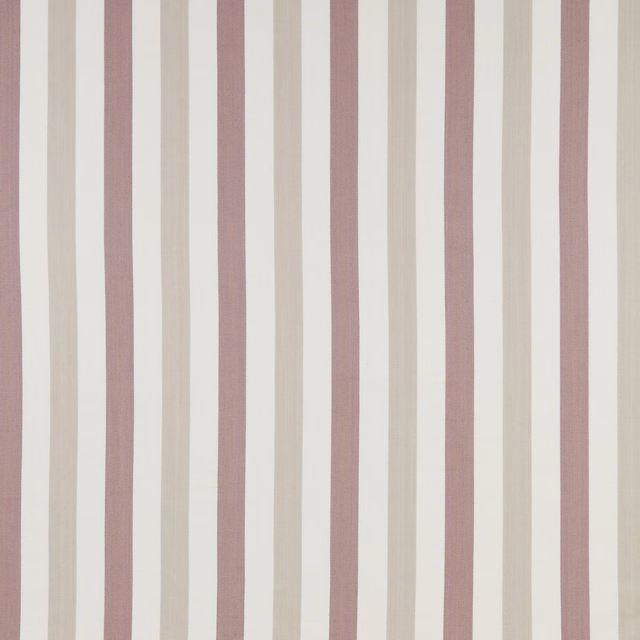 Vertical soft grape and ivory cotton stripe fabric with a flat woven texture