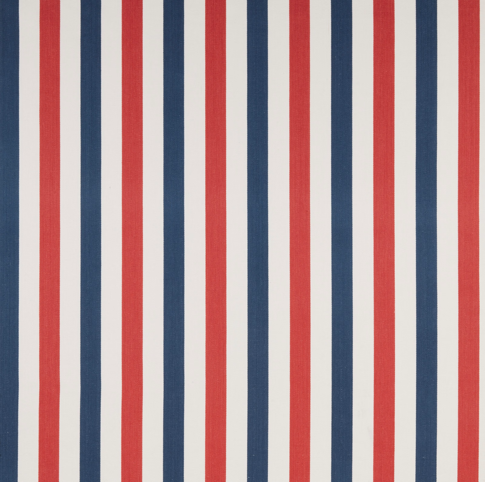 Vertical red and navy stripes on an ivory cotton fabric swatch