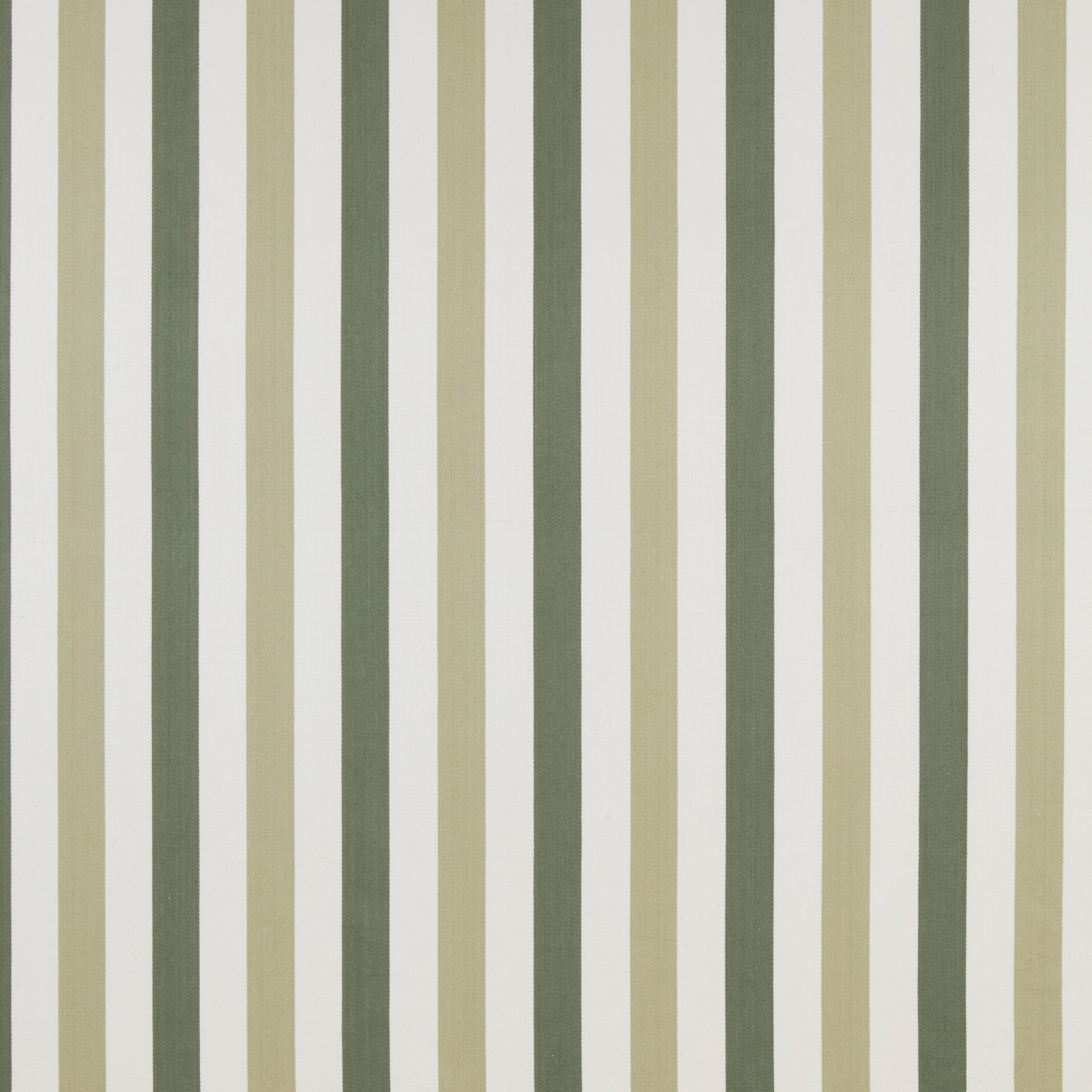 Vertical olive and sage striped cotton fabric on a white ground