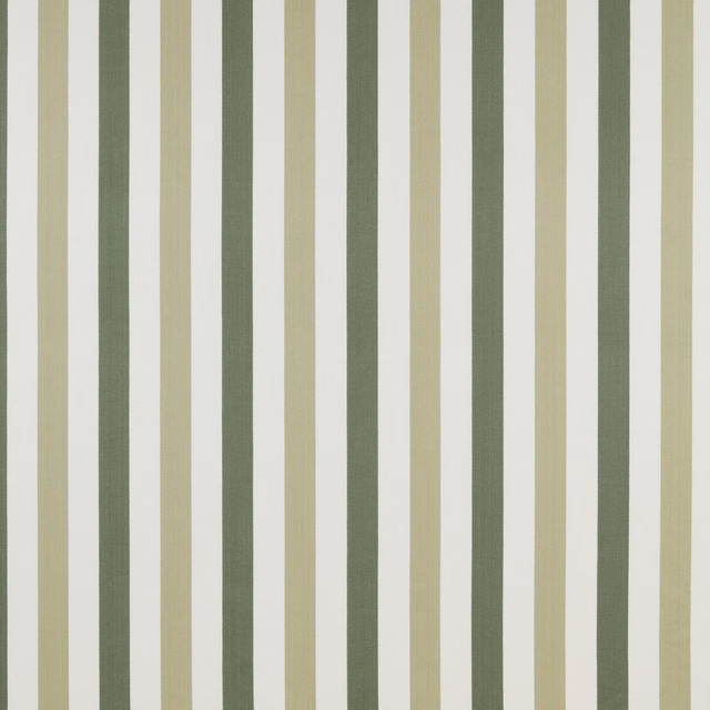 Vertical olive and sage striped cotton fabric on a white ground