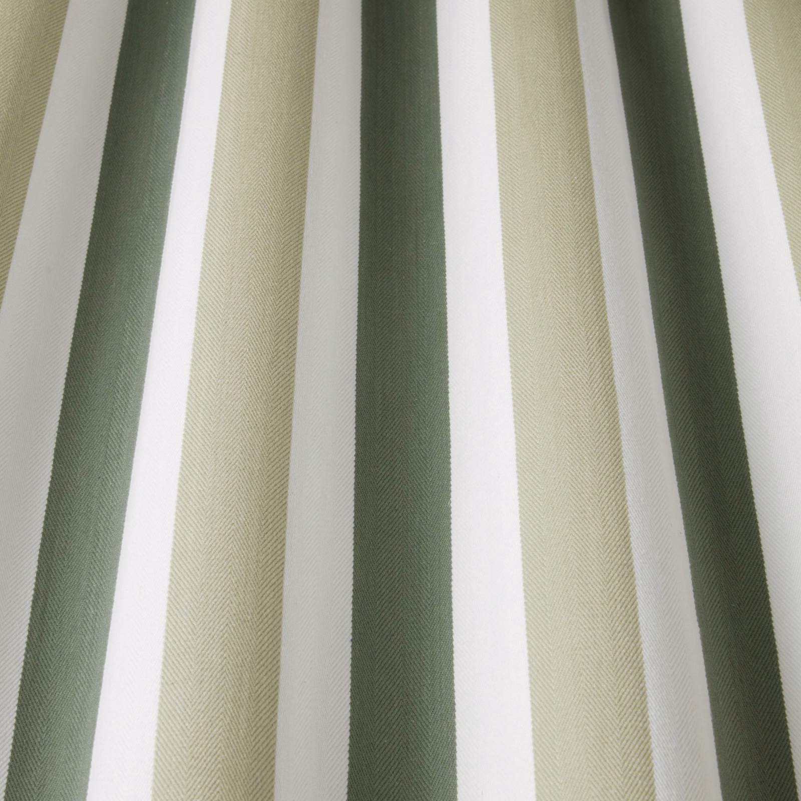 Vertical olive and sage striped cotton fabric with white ground and fine herringbone weave