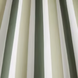 Vertical olive and sage striped cotton fabric with white ground and fine herringbone weave