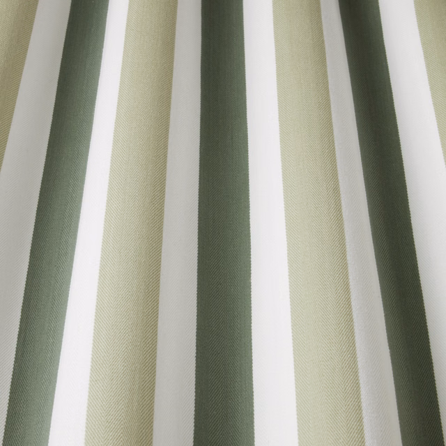 Vertical olive and sage striped cotton fabric with white ground and fine herringbone weave