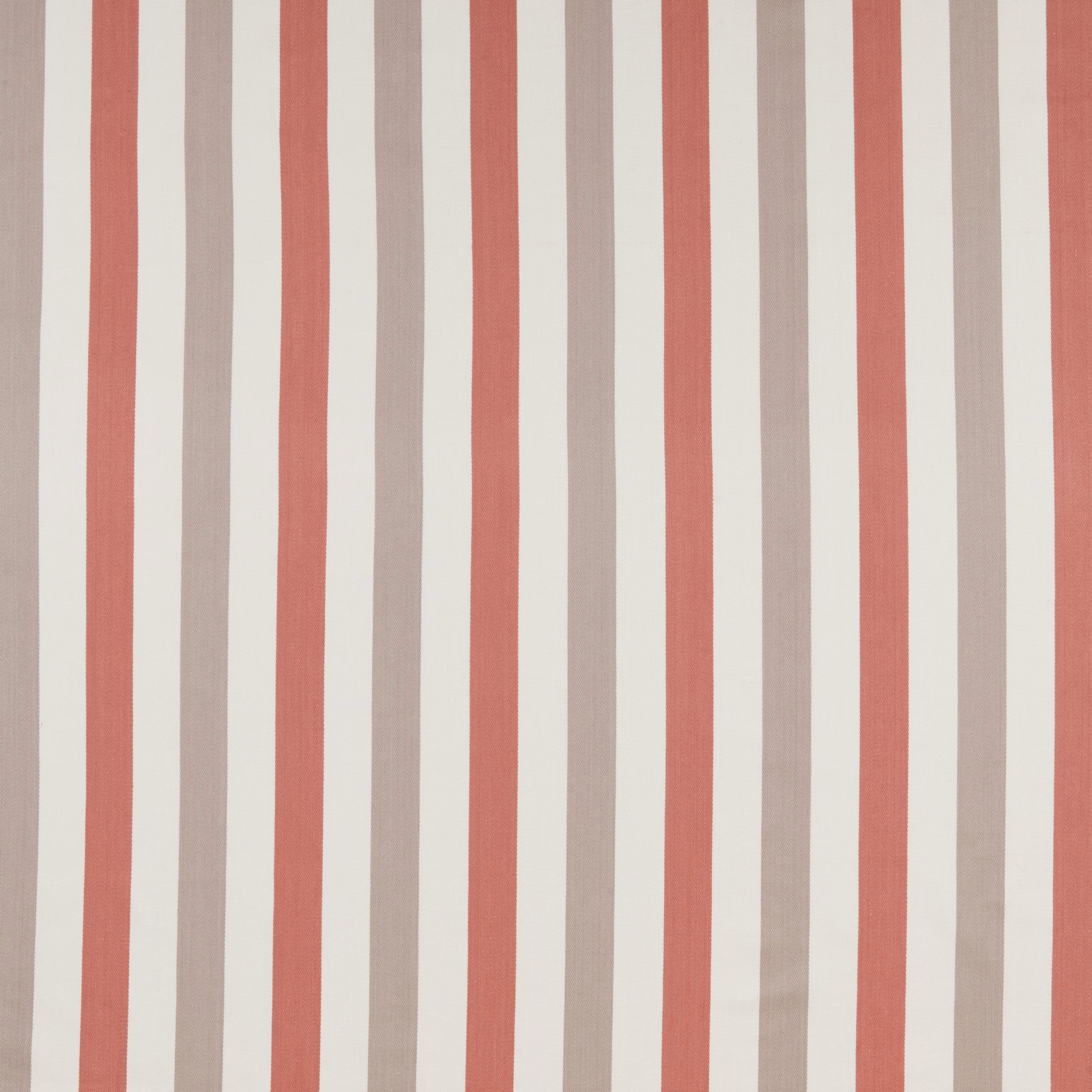 Vertical raspberry-red, taupe and ivory striped cotton fabric swatch
