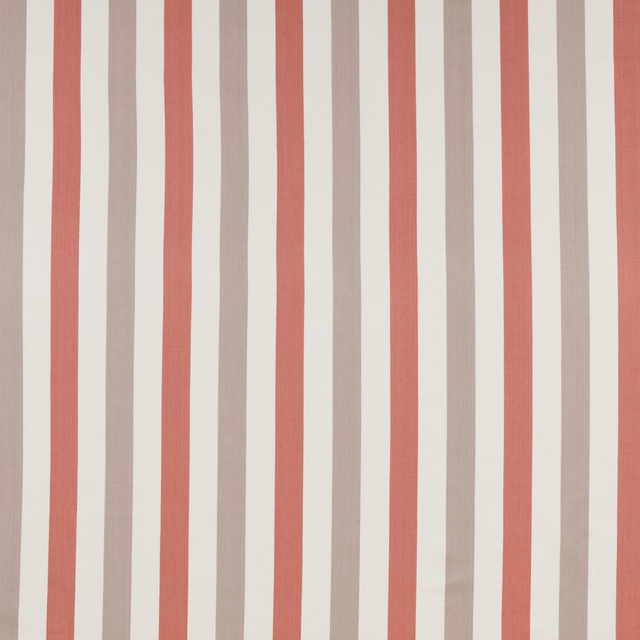 Vertical raspberry-red, taupe and ivory striped cotton fabric swatch