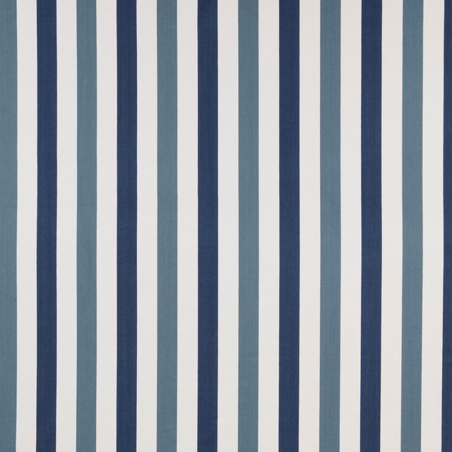Vertical navy and duck egg blue stripes on a pale ivory cotton fabric