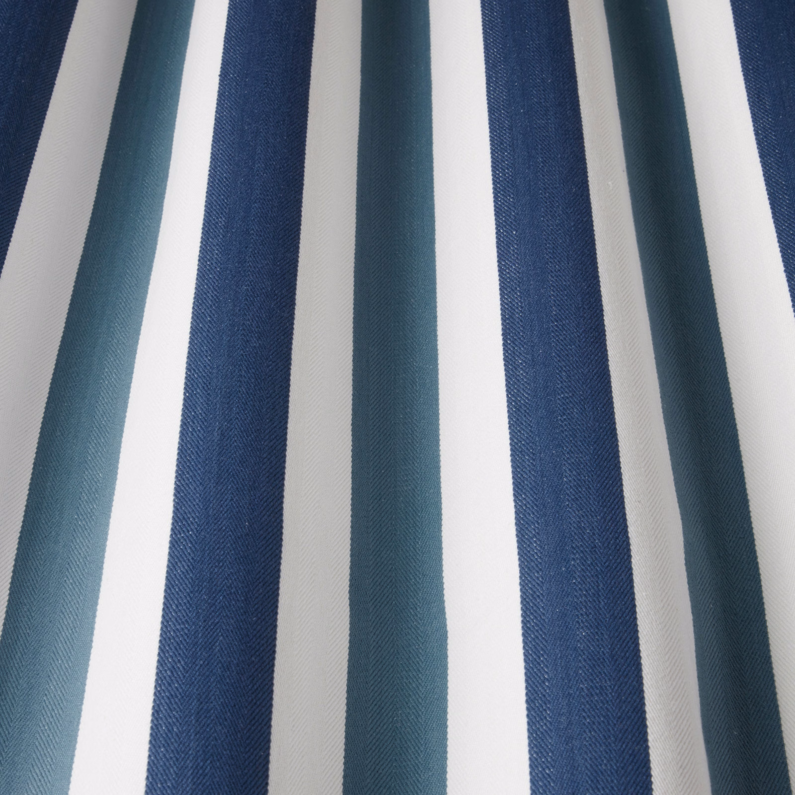 Striped cotton fabric with navy, teal and white vertical bands