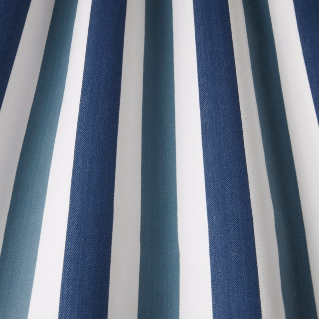 Striped cotton fabric with navy, teal and white vertical bands