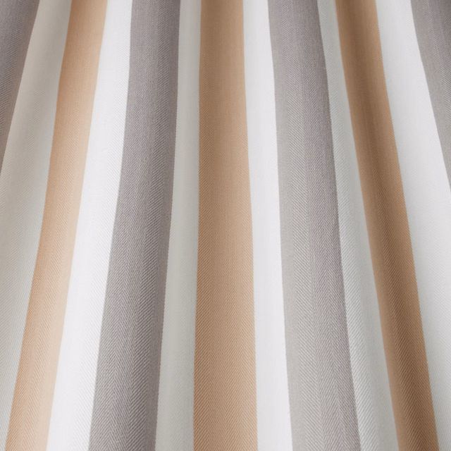 Vertical rose, taupe and ivory striped cotton fabric with fine diagonal weave