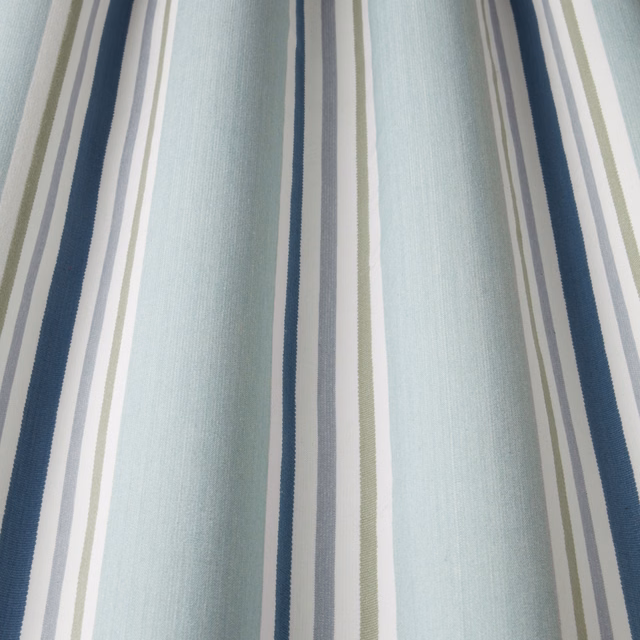 Aqua and navy vertical striped cotton fabric with pale green accents
