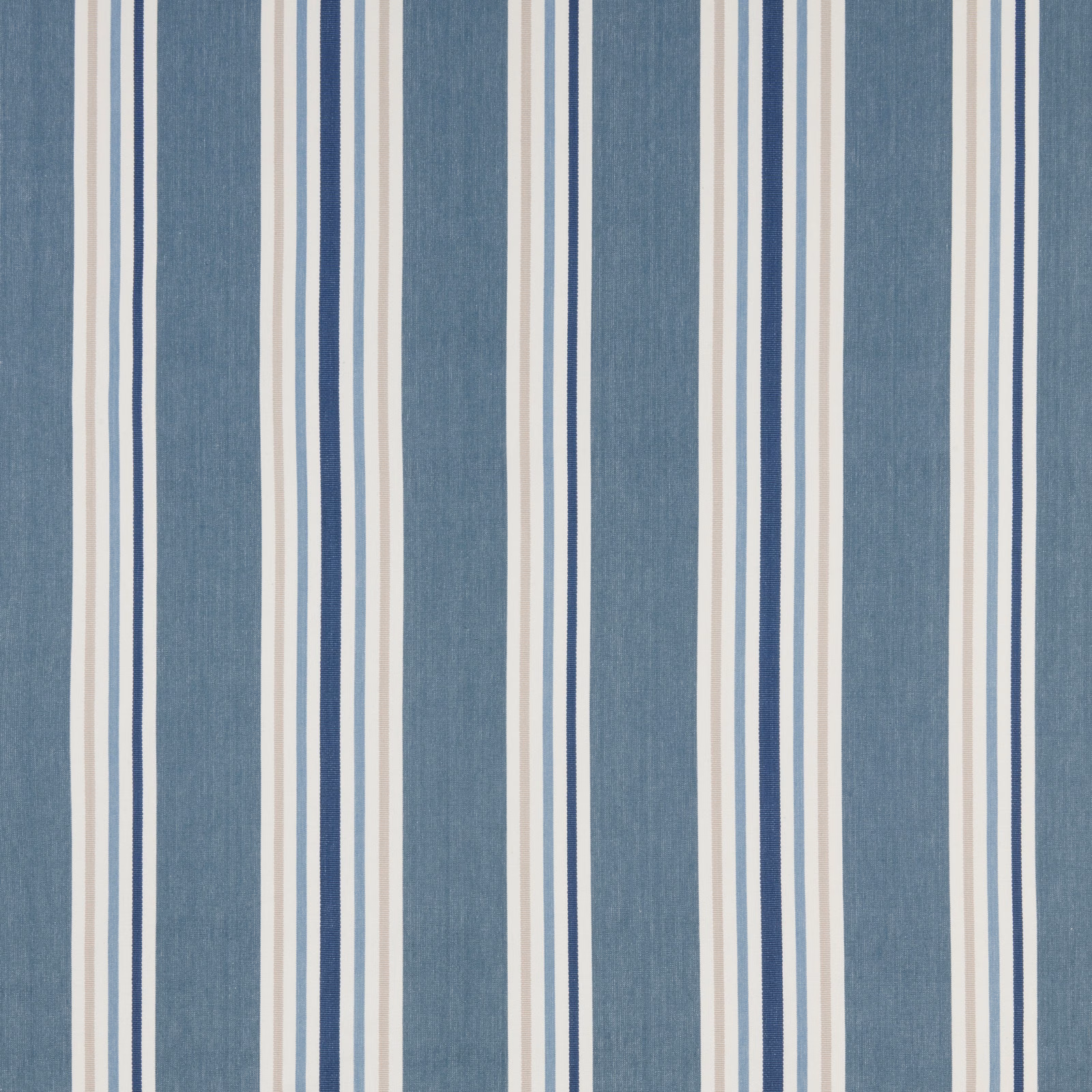 Vertical kingfisher blue and white stripe cotton fabric with narrow navy bands